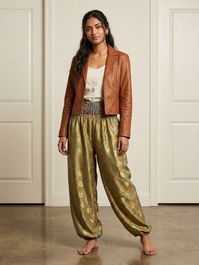 India Boutique Boho Pleated Balloon Pants Gold Teal Harem Trousers OS